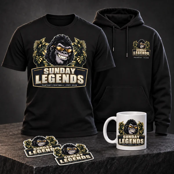 Sunday Legends custom team logo on a T-shirt, hoodie, mug and stickers